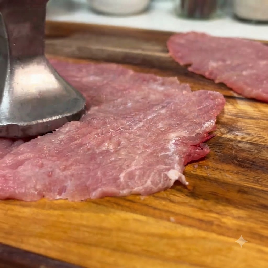 Un maillet à viande en métal aplatissant une tranche déchine de porc crue sur une planche à découper en bois.