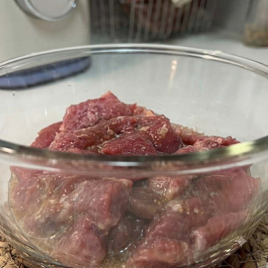 Morceaux de porc crus et brillants marinés reposant dans un bol en verre transparent.
