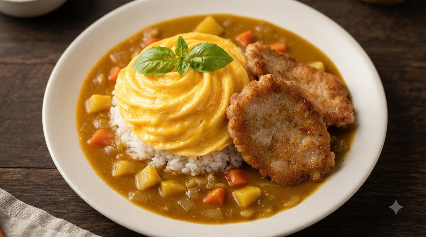Un plat de curry japonais composé dun lit de riz moelleux surmonté dune omelette tourbillon dorée et crémeuse, accompagné de côtes de porc croustillantes dans une sauce au curry riche.