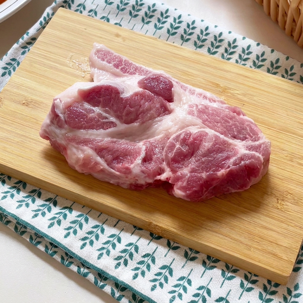 Une côtelette de porc crue en train dêtre attendrie avec un maillet à viande sur une planche en bois.