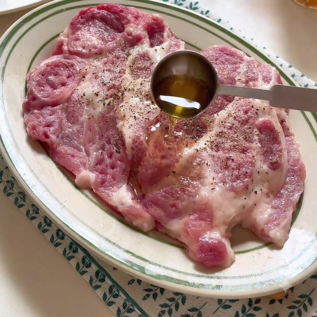 Côtelette de porc sur une assiette assaisonnée de vin de cuisine et dépices.