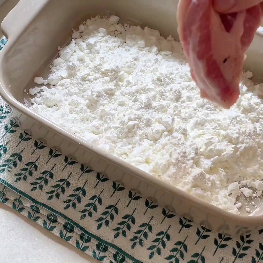 Un morceau de porc trempé dans un plat allant au four rempli de fécule blanche.