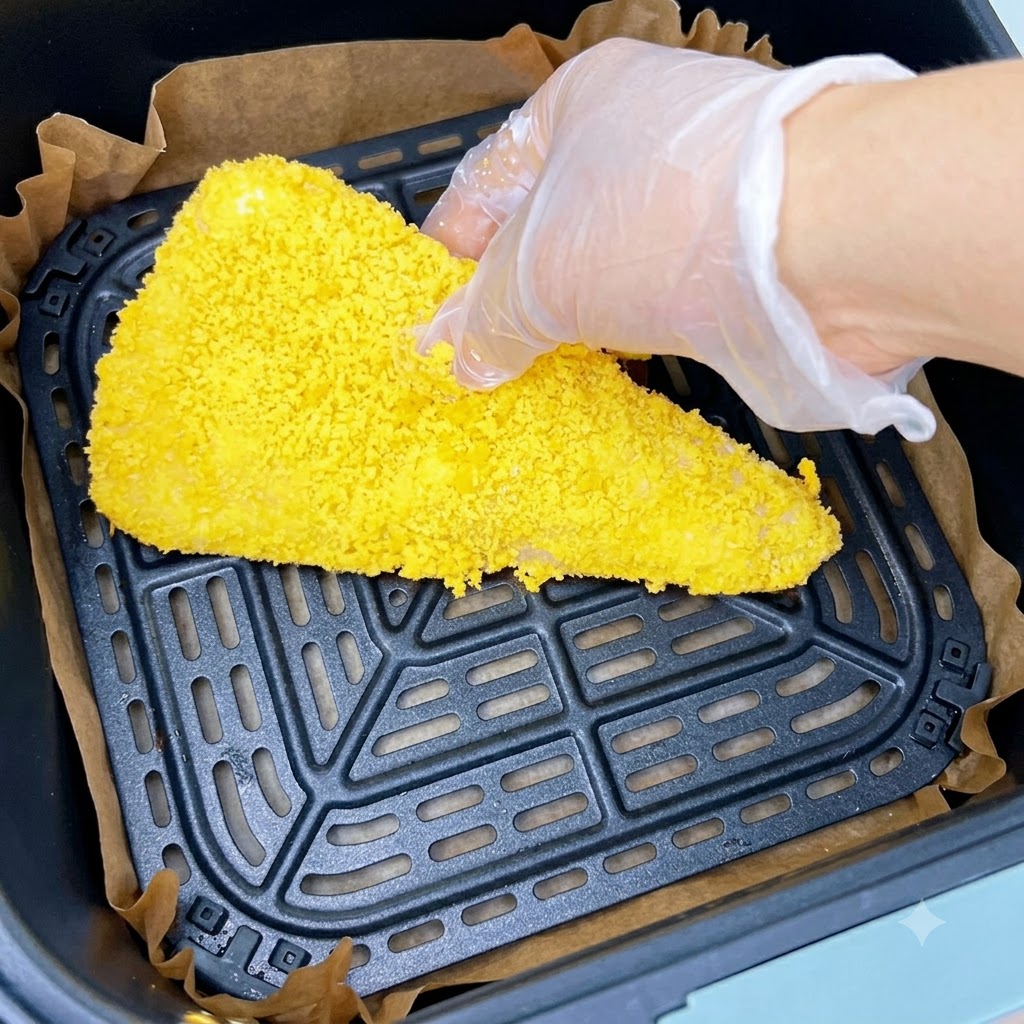 Une côtelette de crevette jaune entièrement panée placée à lintérieur du panier dun air fryer tapissé de papier sulfurisé.