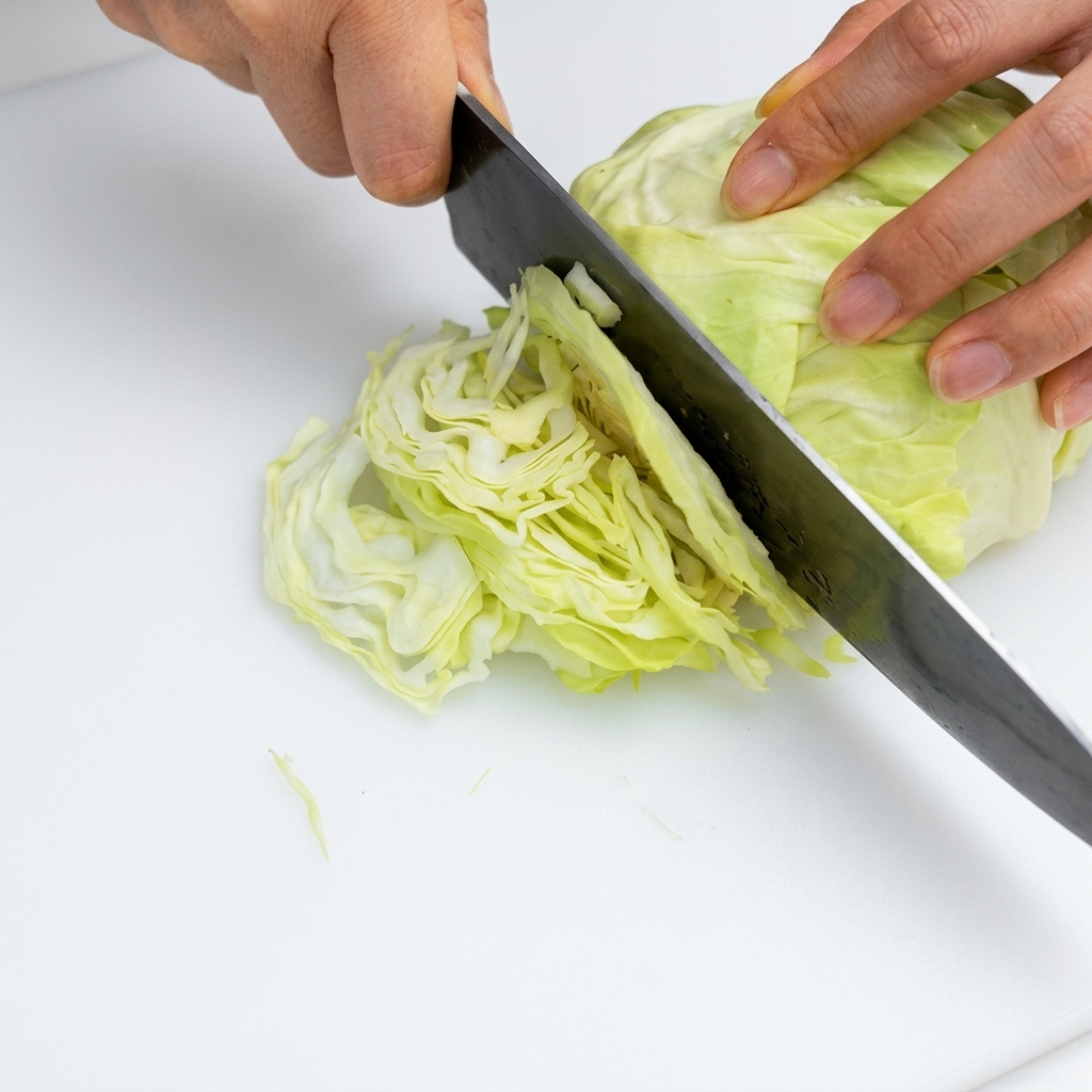 Un couteau de cuisine coupant une tête de chou frais en fines lamelles sur une planche à découper blanche.