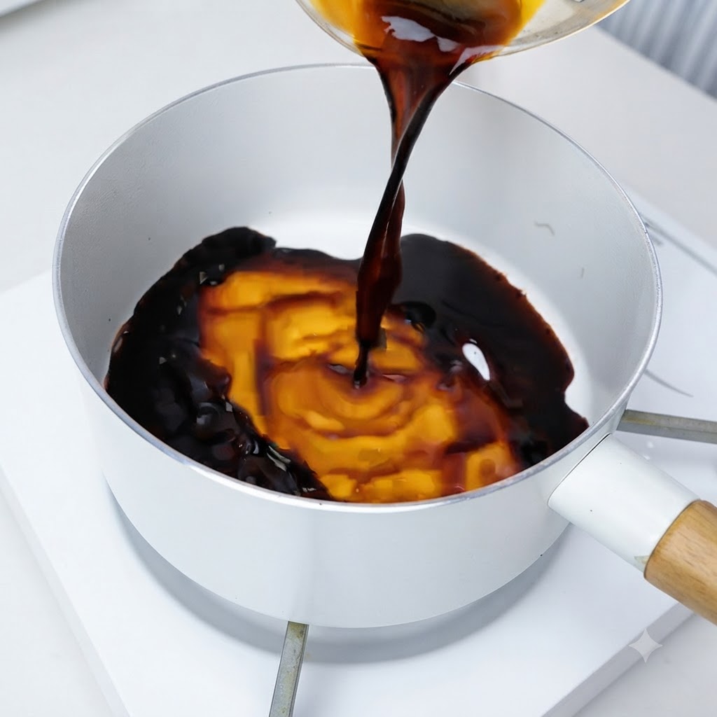 Une sauce savoureuse foncée versée et fouettée dans une casserole de couleur claire sur un feu de cuisson.