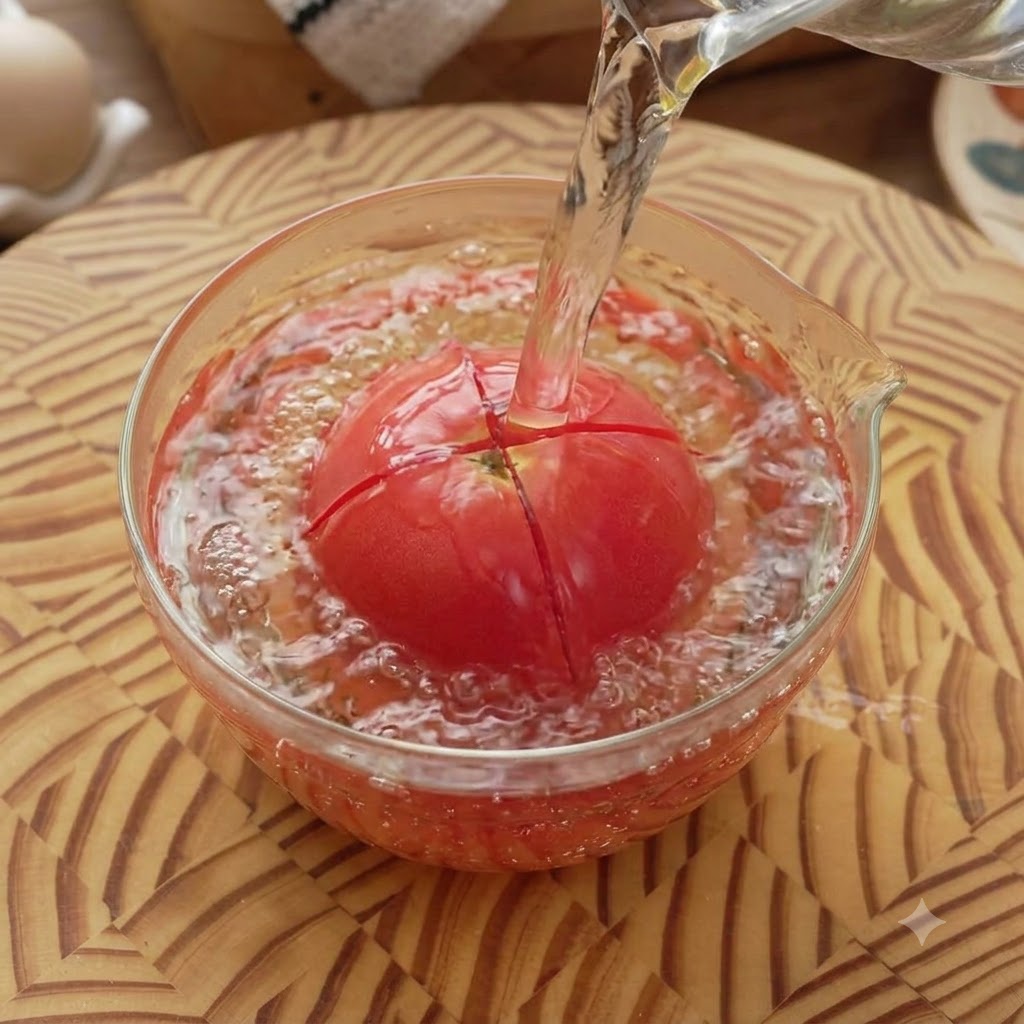 Une tomate rouge submergée dans un bol en verre deau chaude avec de leau versée par-dessus.