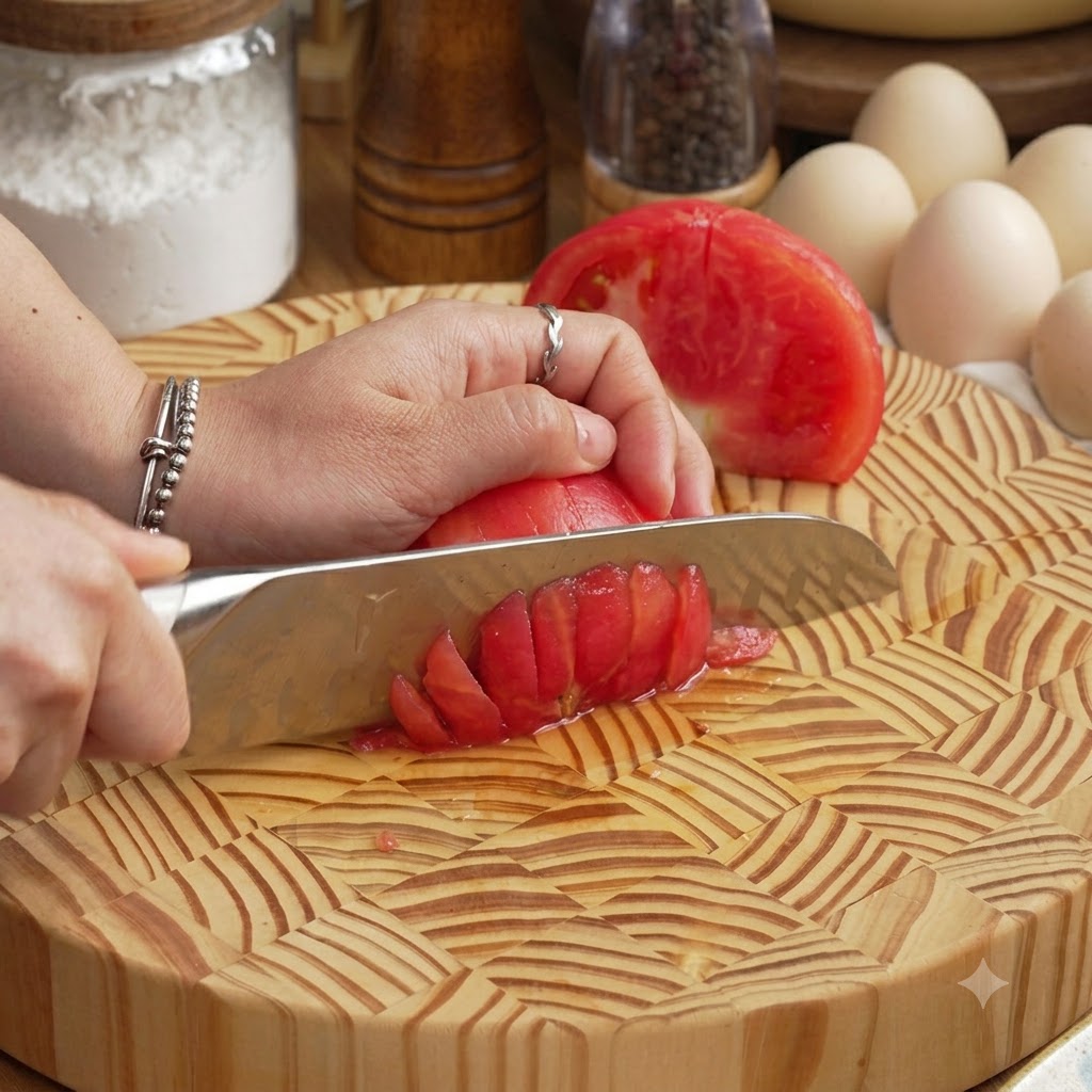 La main dun cuisinier utilisant un couteau pour couper une moitié de tomate en dés sur une planche à découper en bois à motifs.