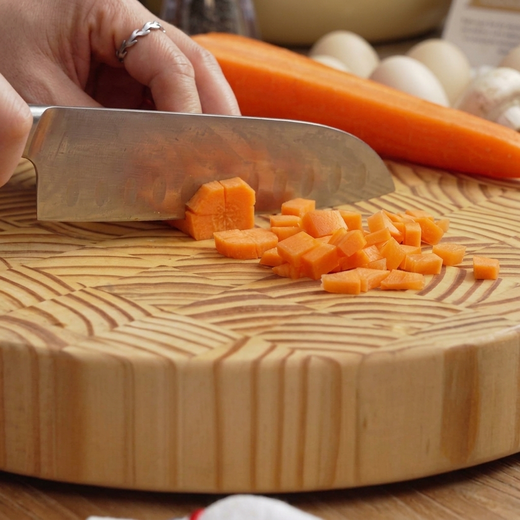 Un couteau tranchant des morceaux doignon rouge sur une planche à découper en bois avec une carotte entière à proximité.