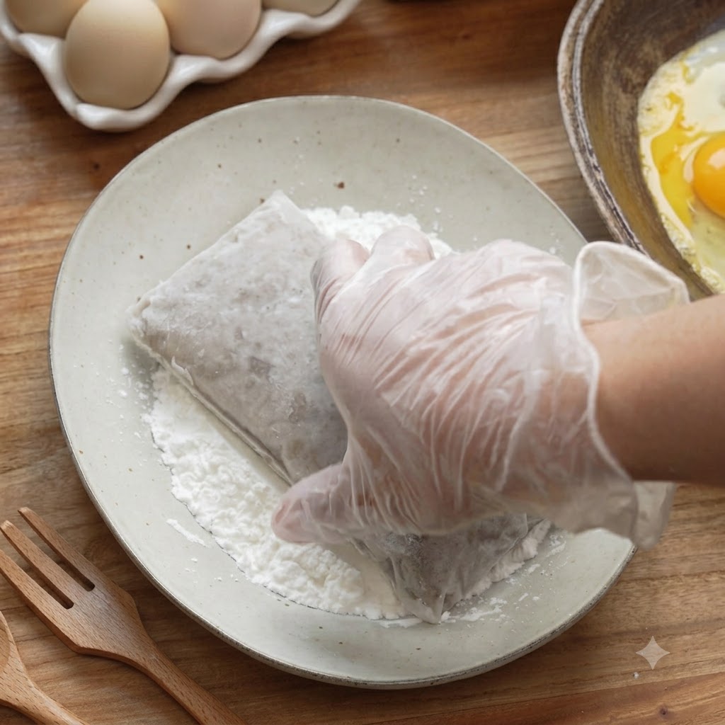 Une main gantée pressant un bloc de pâte de crevettes congelé dans de la farine sur une assiette de couleur claire.
