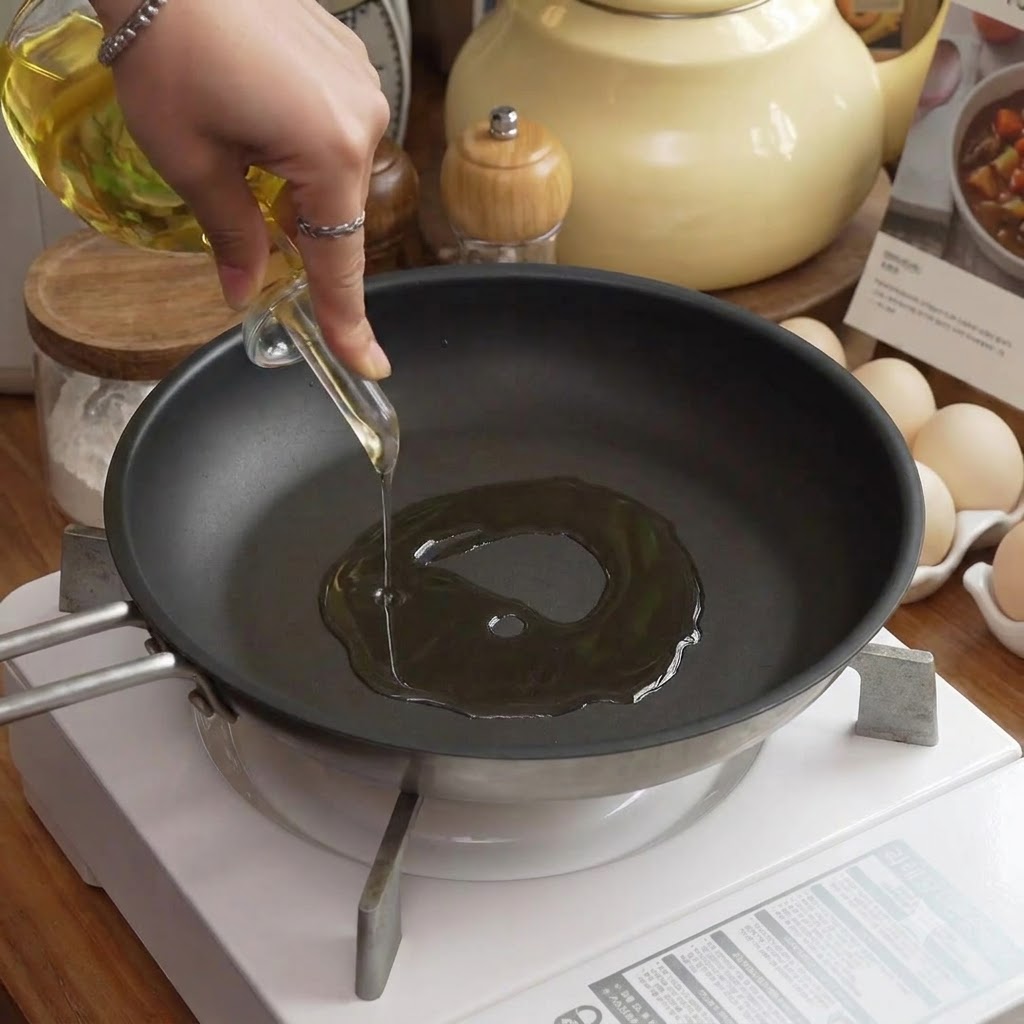 De lhuile versée dans une poêle à frire sur une cuisinière à côté dœufs et dustensiles de cuisine.