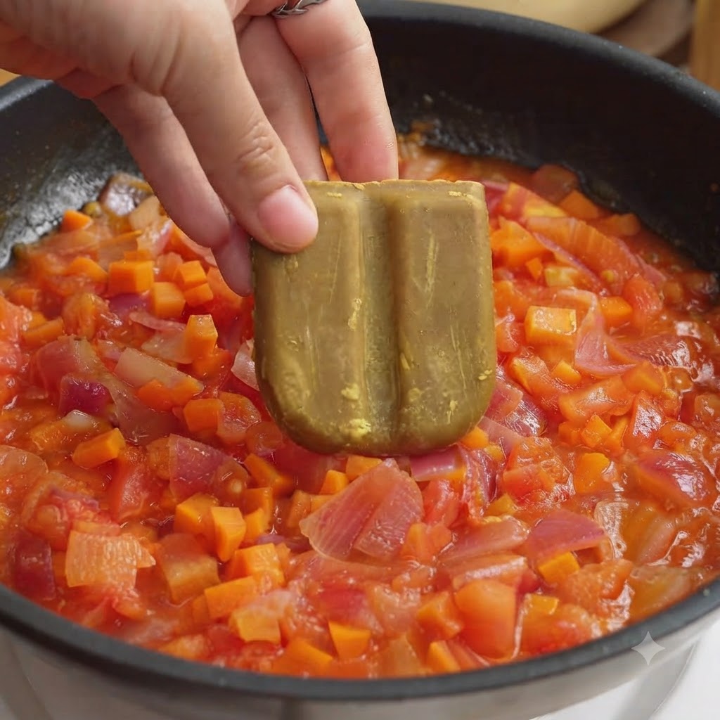 Une main tenant un cube de curry au-dessus dune poêle remplie dun mélange de tomates, doignons et de carottes hachés.