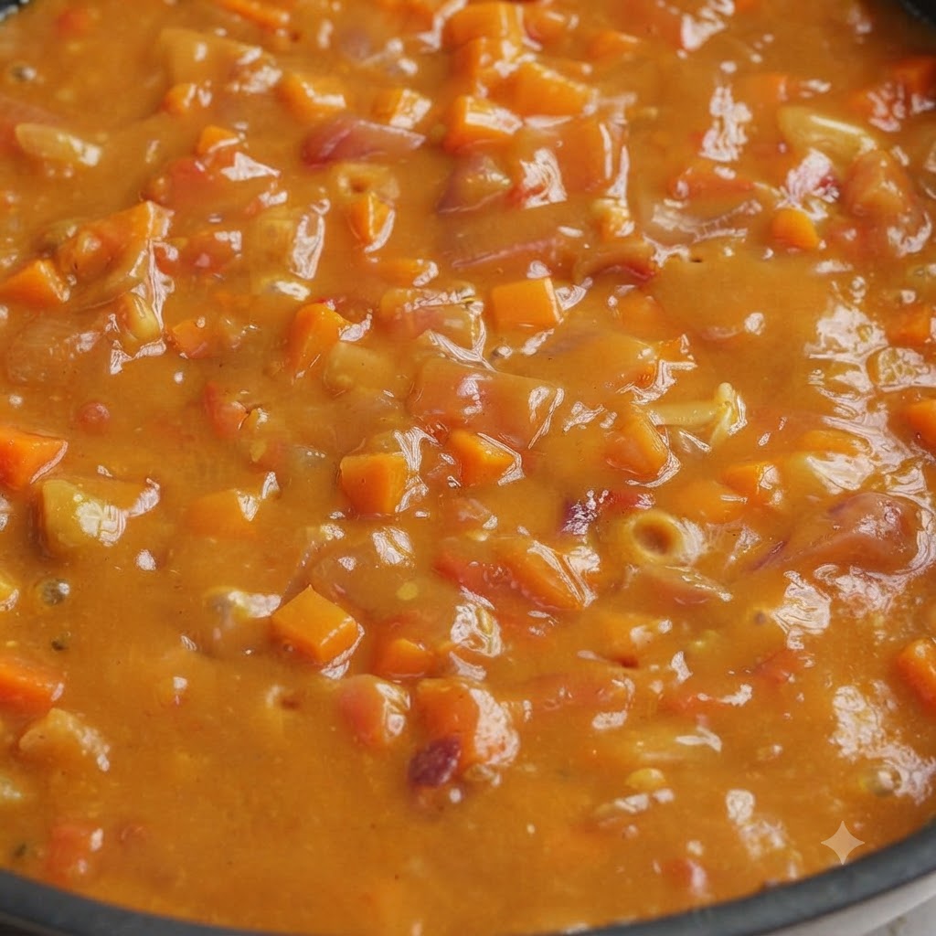 Une vue rapprochée dune sauce au curry épaisse et crémeuse mijotant avec des carottes et des tomates finement hachées dans une poêle.