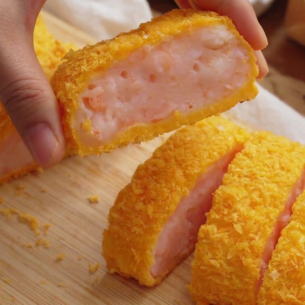 Une main soulevant un morceau fraîchement tranché de côtelette de crevettes dorée et croustillante montrant la texture rose des crevettes à lintérieur.