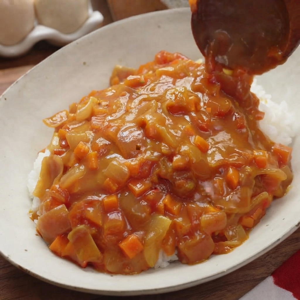 Une cuillère en bois versant de la sauce au curry épaisse et riche en morceaux de tomates et de carottes directement sur un lit de riz blanc.