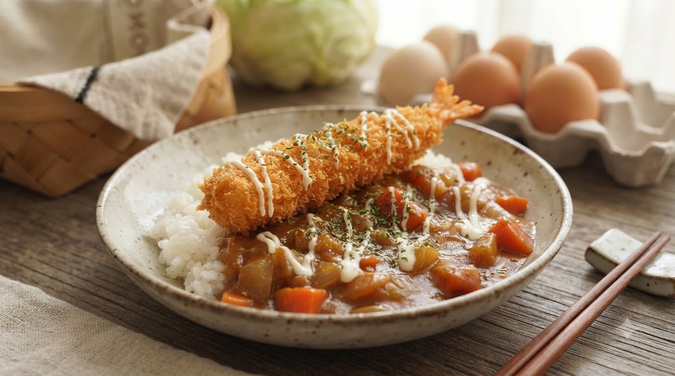 Riz aux Côtelettes de Crevettes au Curry et Noix de Coco