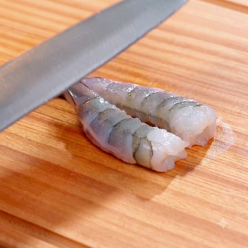 Une paire de crevettes papillon enrobées de fécule et trempées dans un bain dœuf à lintérieur dun récipient blanc.