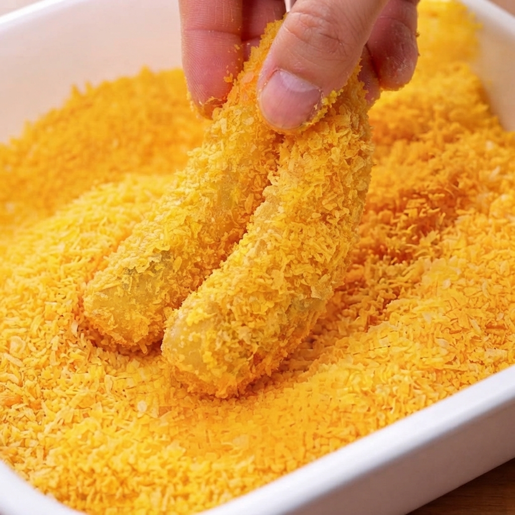 Crevettes panées en train de frire dans de lhuile chaude jusquà ce quelles soient dorées et croustillantes.