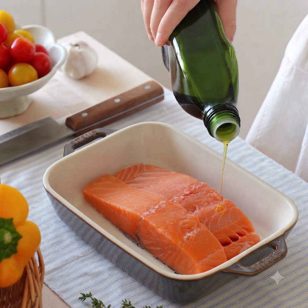 De lhuile dolive versée à partir dune bouteille en verre vert sur deux filets de saumon crus dans un plat en céramique.