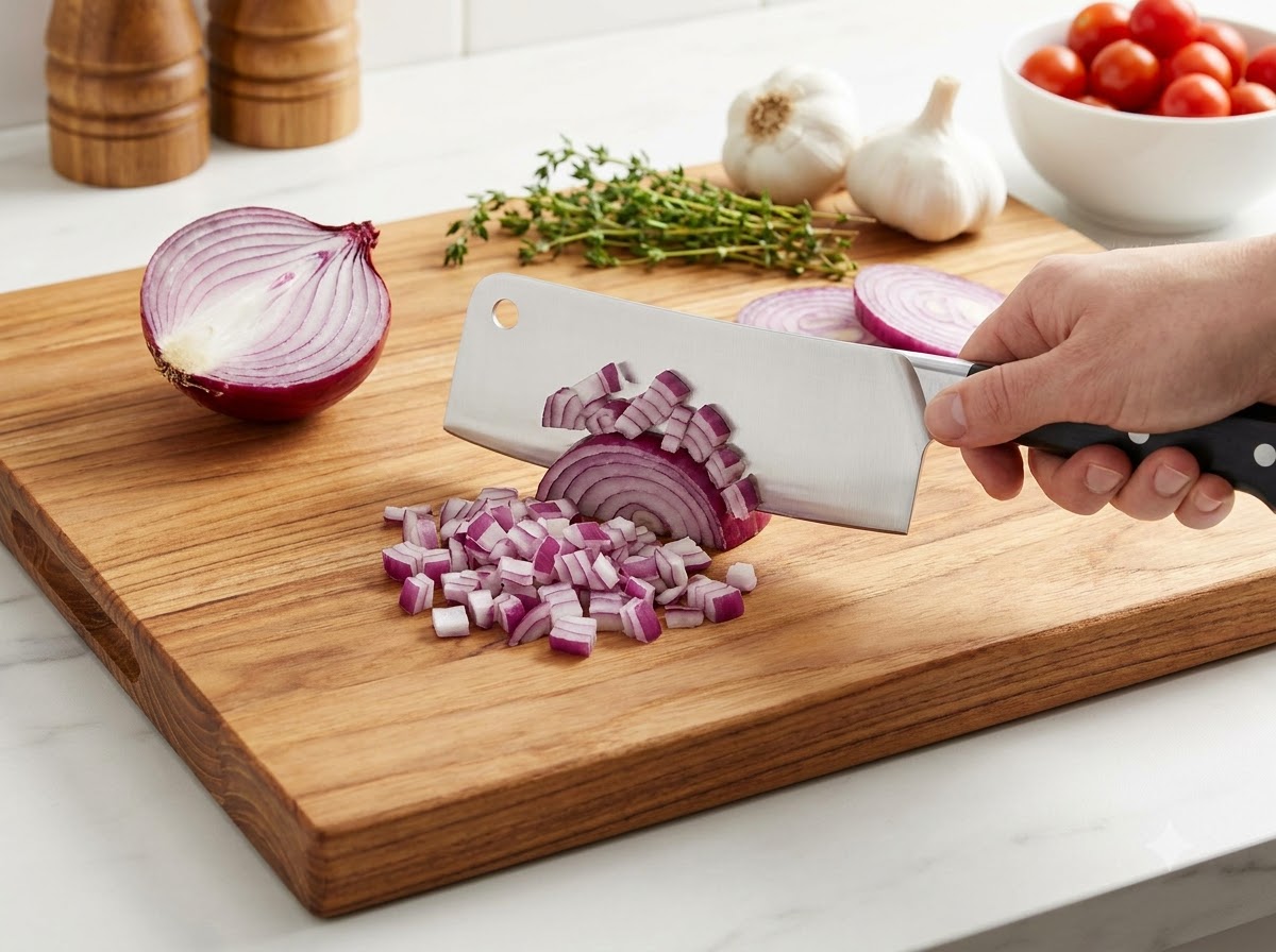 Des gousses dail frais tranchées finement et éparpillées sur une planche à découper en bois à côté dun couteau de chef.