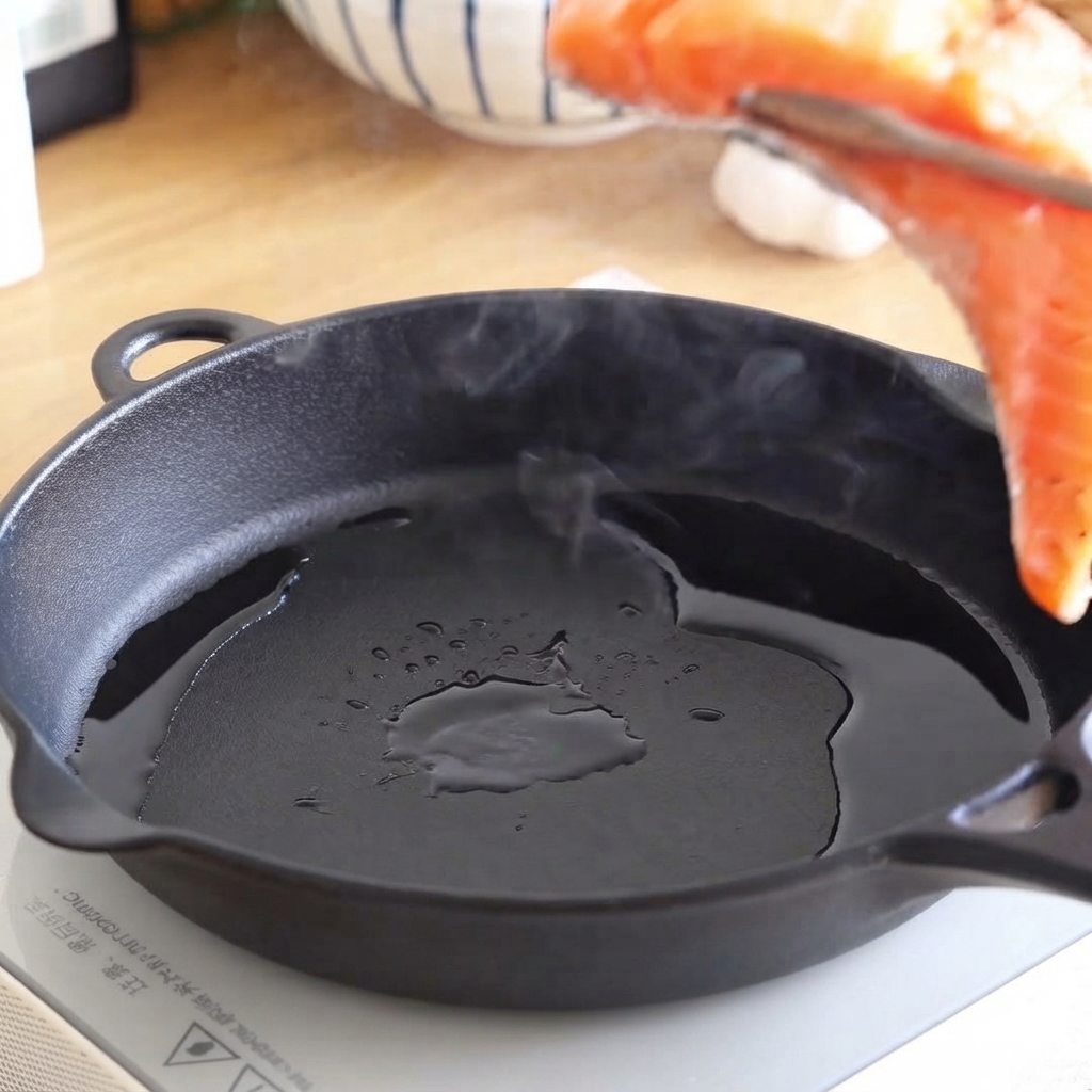 Un filet de saumon cru déposé à laide de pinces dans une poêle en fonte chaude et huilée.