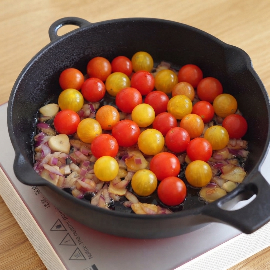 Des tomates cerises rouges et jaunes fraîches éparpillées sur les oignons et lail sautés dans une poêle en fonte noire.