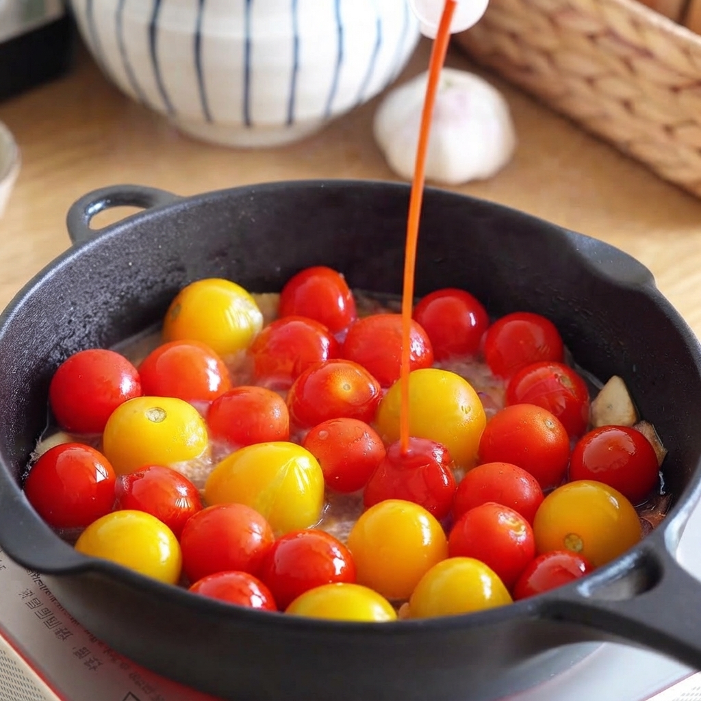 Un filet de ketchup versé dans une poêle remplie de tomates cerises, doignons et dail.