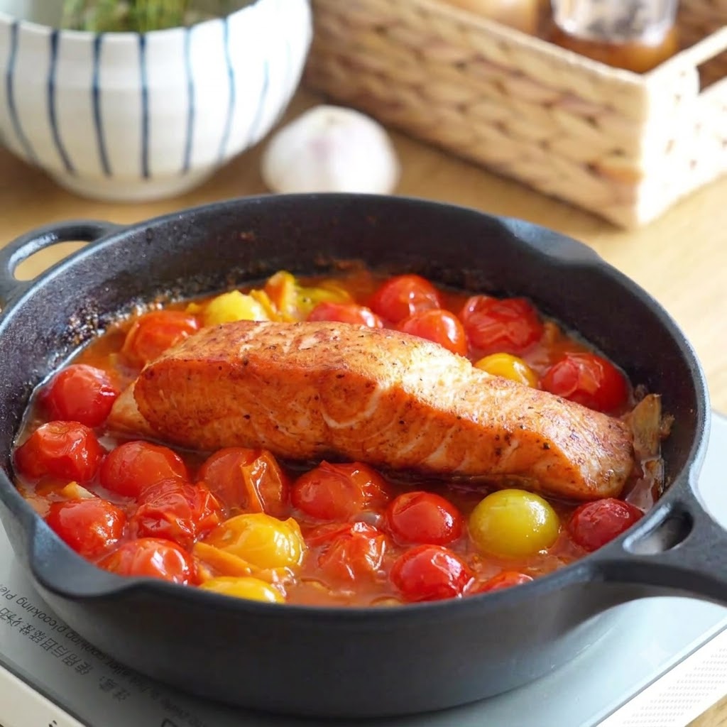 Un filet de saumon saisi reposant à lintérieur dune poêle en fonte sur une base de sauce tomate frémissante avec des tomates cerises.
