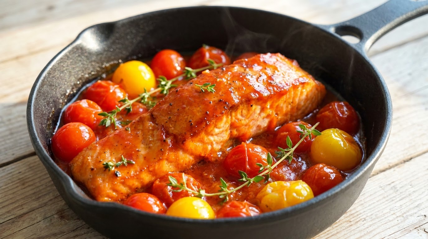 Saumon poêlé laqué à la tomate