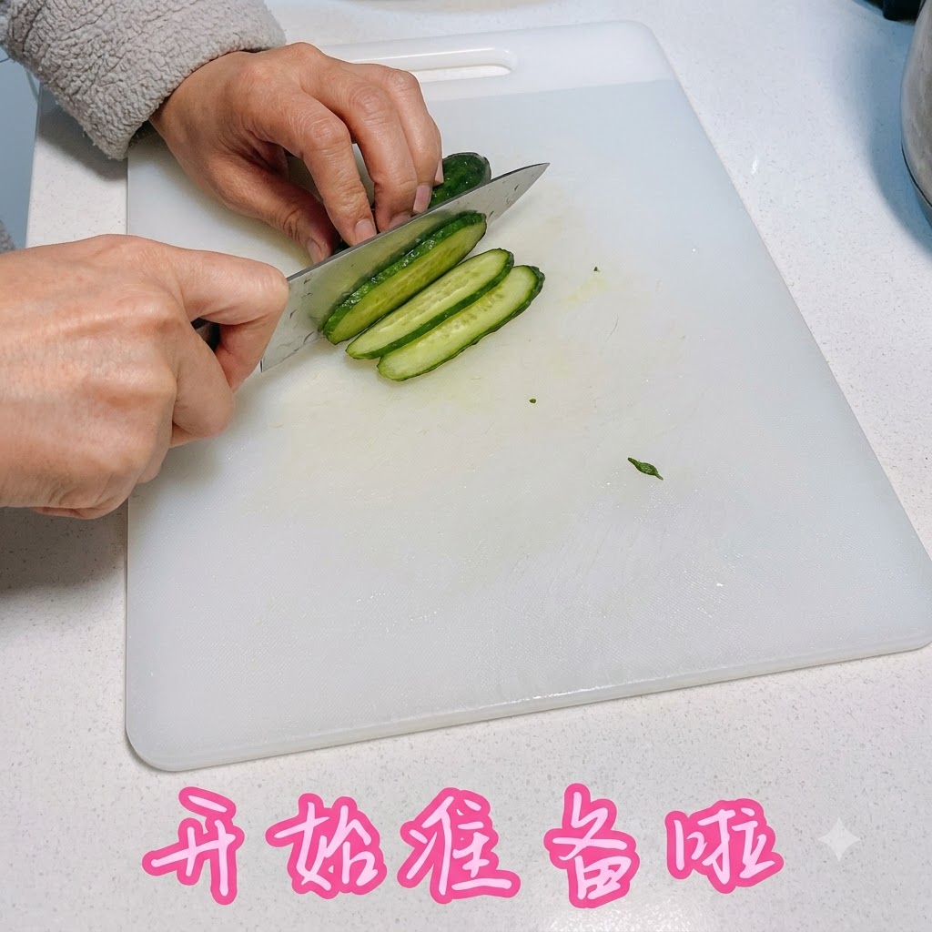 Une paire de mains utilisant un couteau pour trancher un concombre en fines lanières sur une planche à découper blanche.