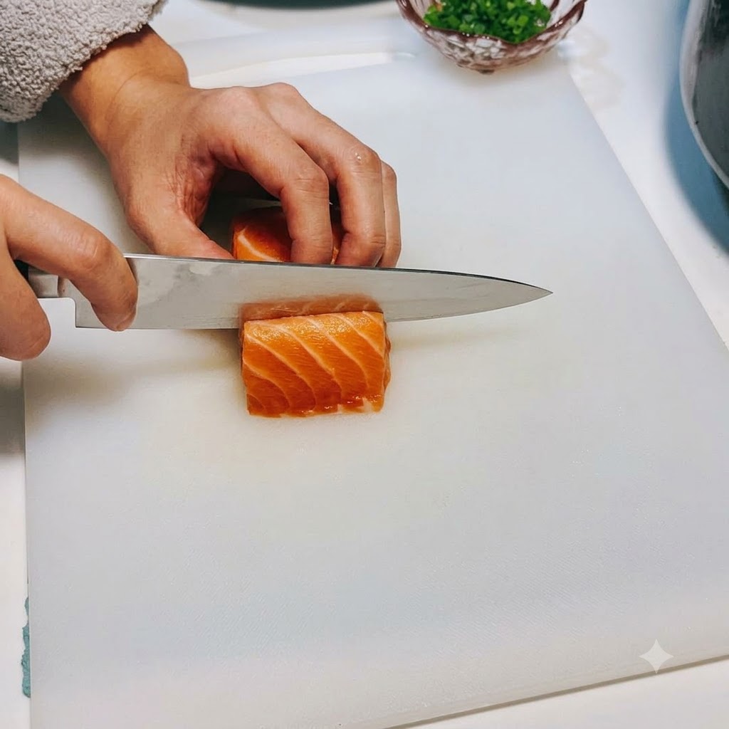 Un couteau bien aiguisé coupant un bloc de saumon cru en cubes nets et de taille idéale.