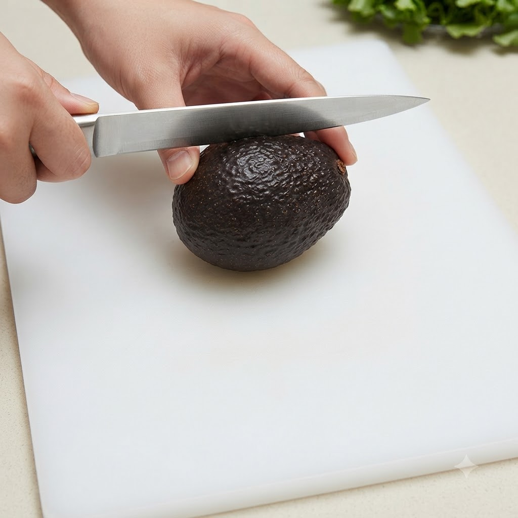 Un couteau posé sur un avocat mûr entier placé sur une planche à découper blanche.