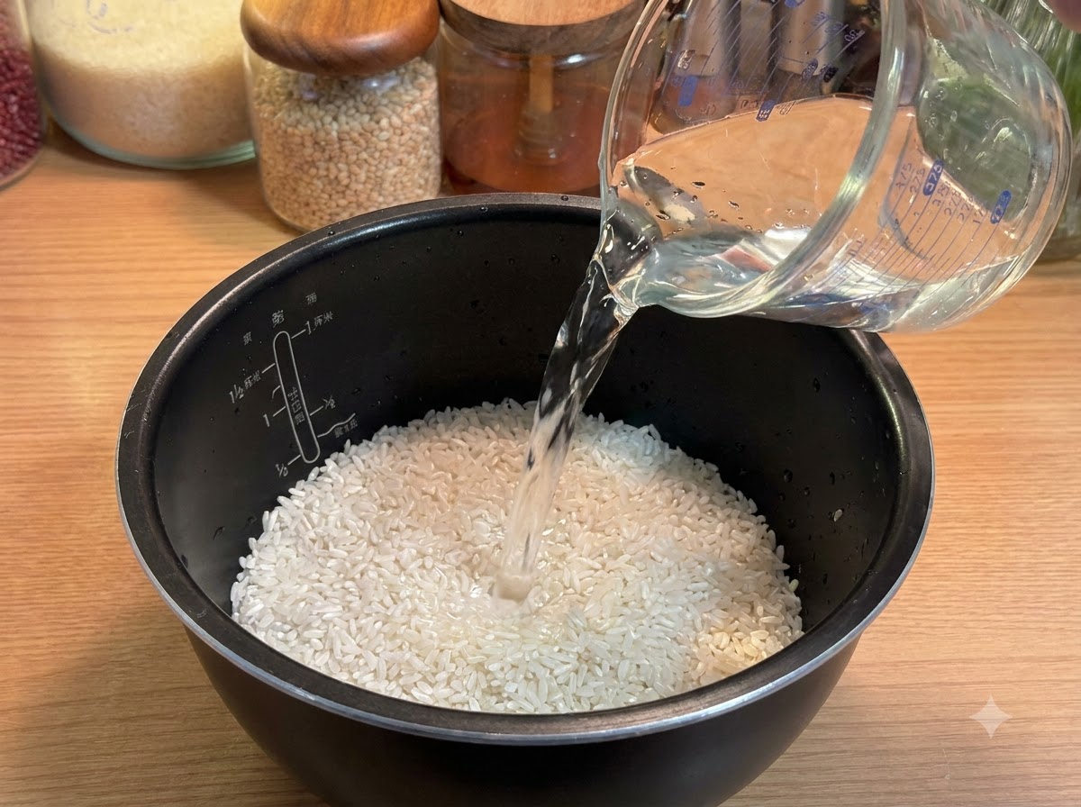De leau versée dun verre mesureur dans la cuve dun cuiseur à riz contenant du riz blanc.