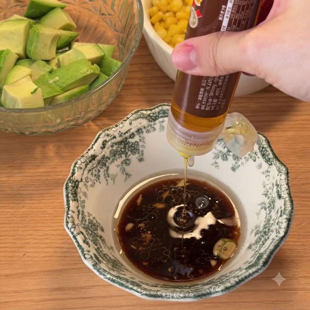 Du miel pressé dans un bol contenant un mélange de sauce soja noire.