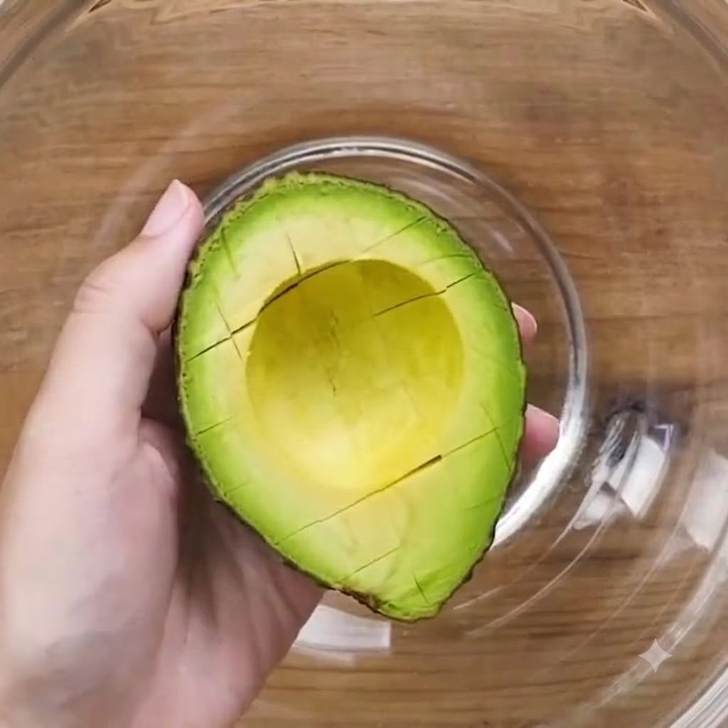 Une main tenant un demi-avocat entaillé au-dessus dun bol en verre, utilisant une cuillère pour retirer la chair.