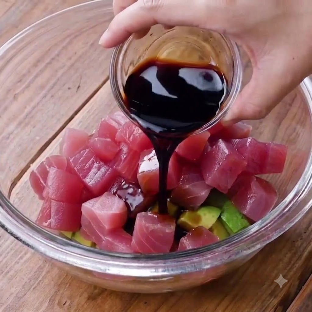 De la sauce sombre versée sur le thon et lavocat dans le bol en verre.