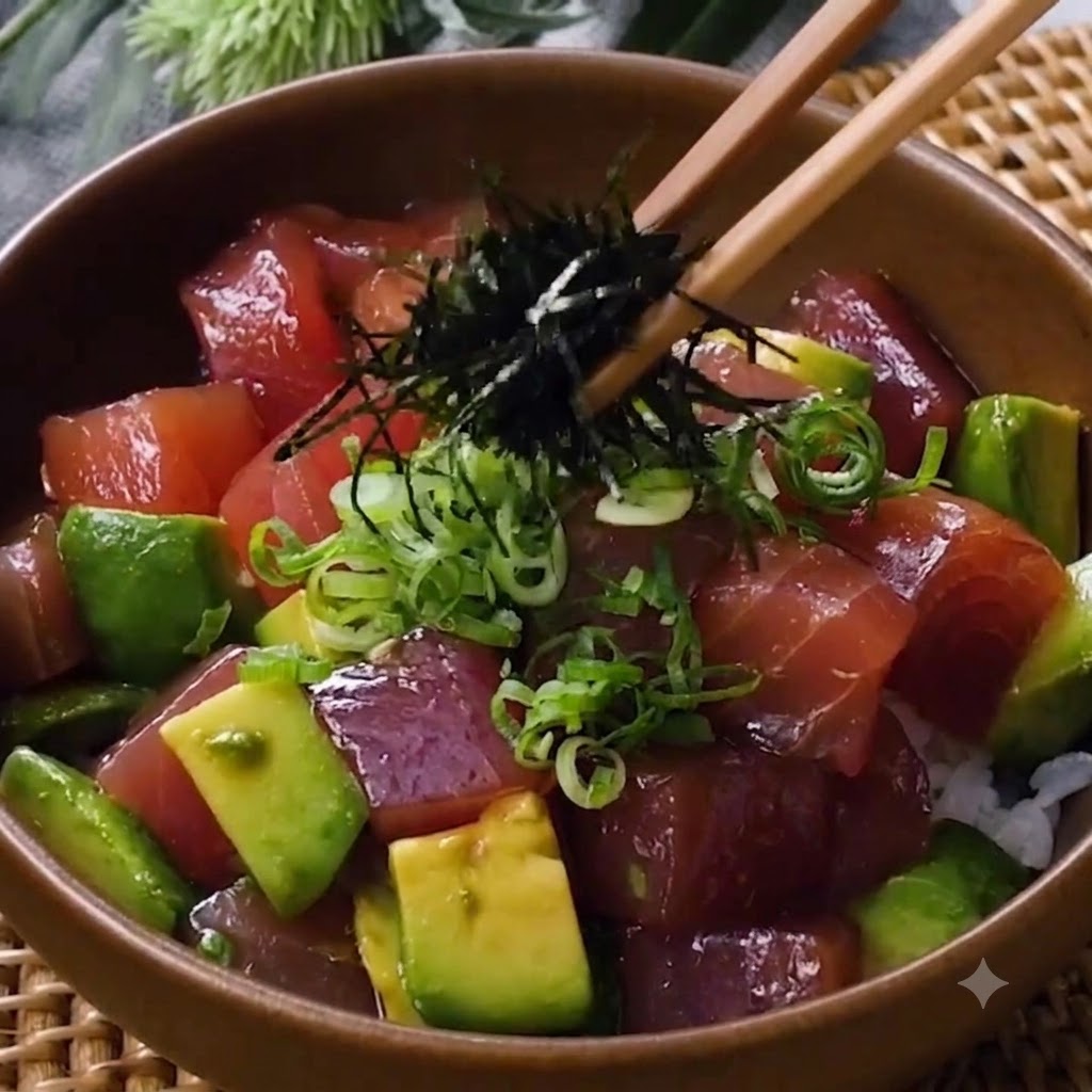Des baguettes déposant une pincée dalgues effilochées au centre du poke bowl.