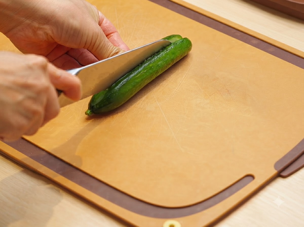 Un couteau de chef bien aiguisé tranchant un concombre dans le sens de la longueur sur une planche à découper marron.