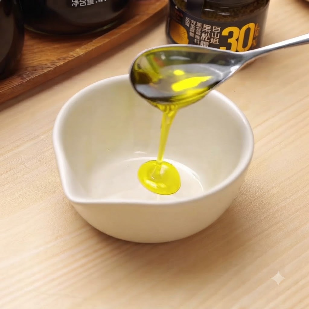 De lhuile dolive versée dans un petit bol blanc avec dautres ingrédients de la vinaigrette.