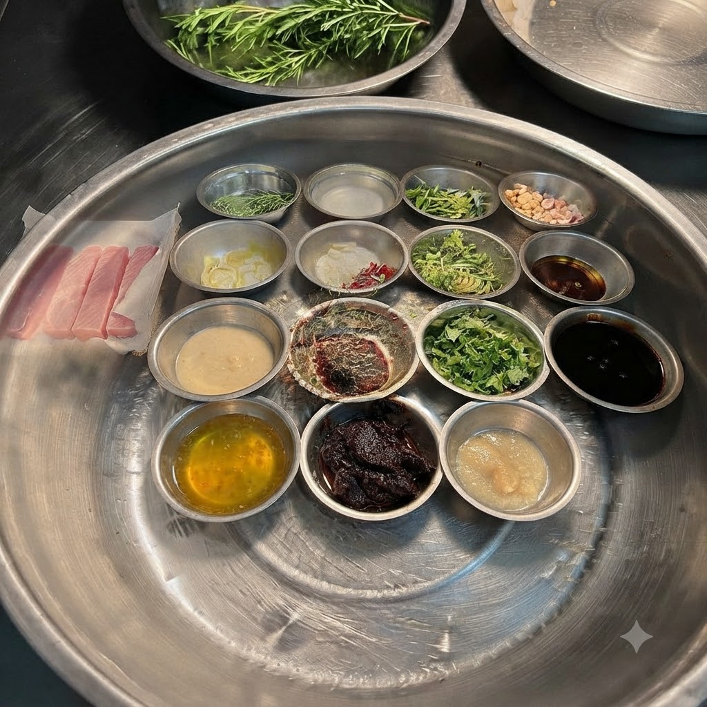 Tranches de citrons jaunes, morceaux de galanga et piments rouges disposés dans un bol en acier inoxydable.