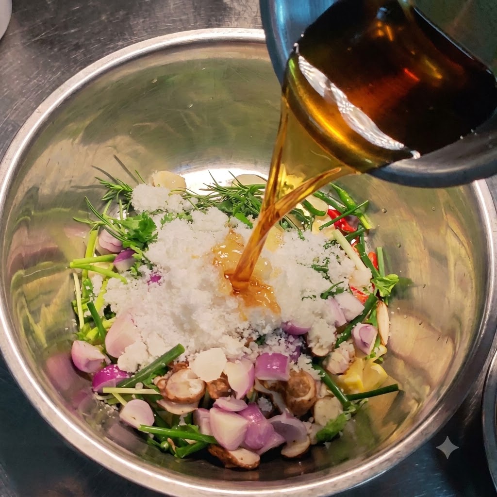 Sauce huître et huile de sésame versées dans le bol central contenant les légumes et le sucre.
