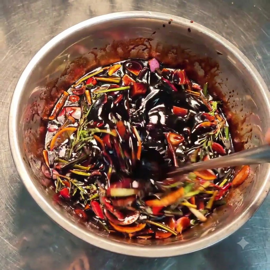 Une cuillère remuant un mélange de marinade sombre et riche contenant des herbes hachées, des échalotes et des rondelles de citron dans un bol en acier.