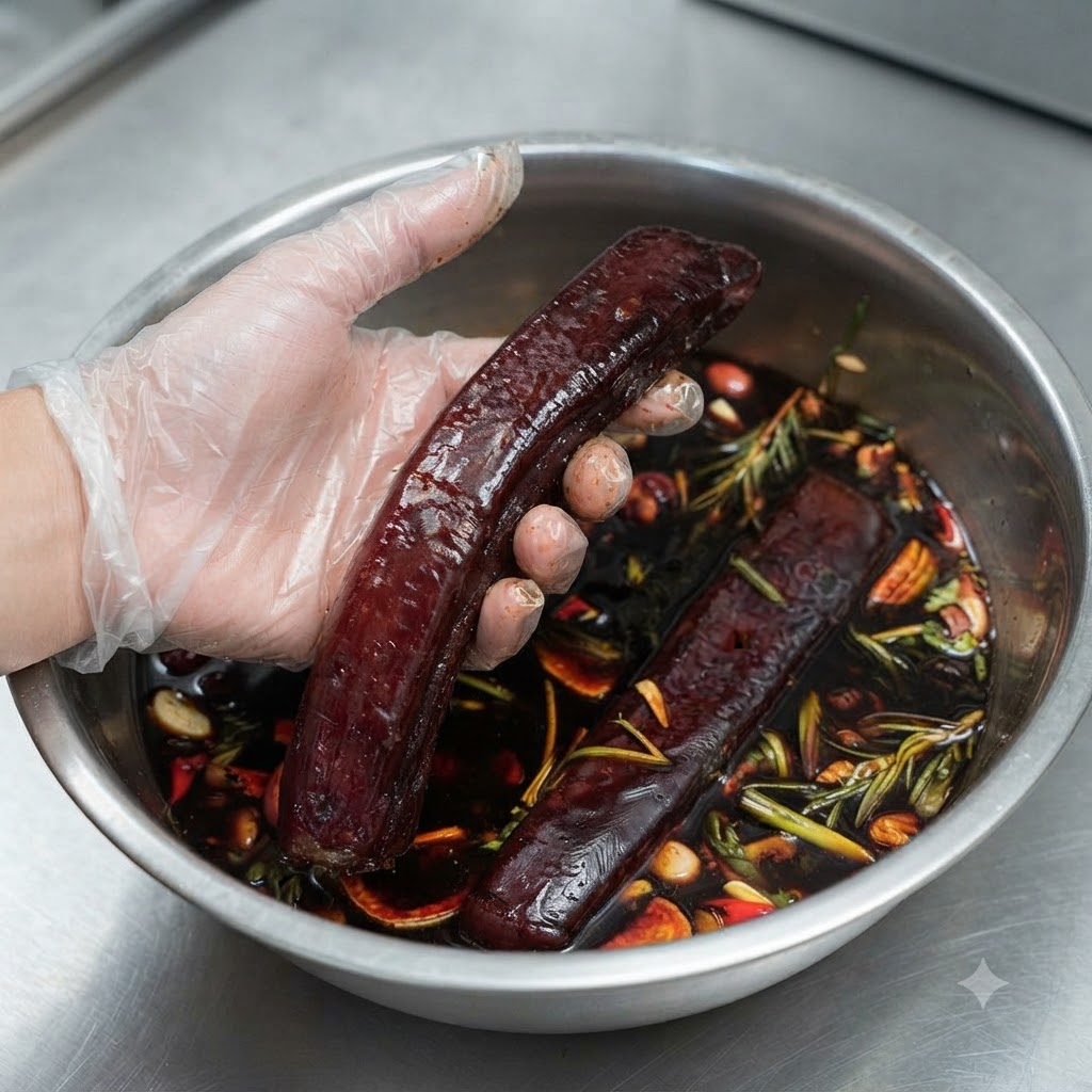 Une main gantée tenant un long bloc de thon mariné de couleur sombre au-dessus dun bol en acier rempli de marinade et dherbes.