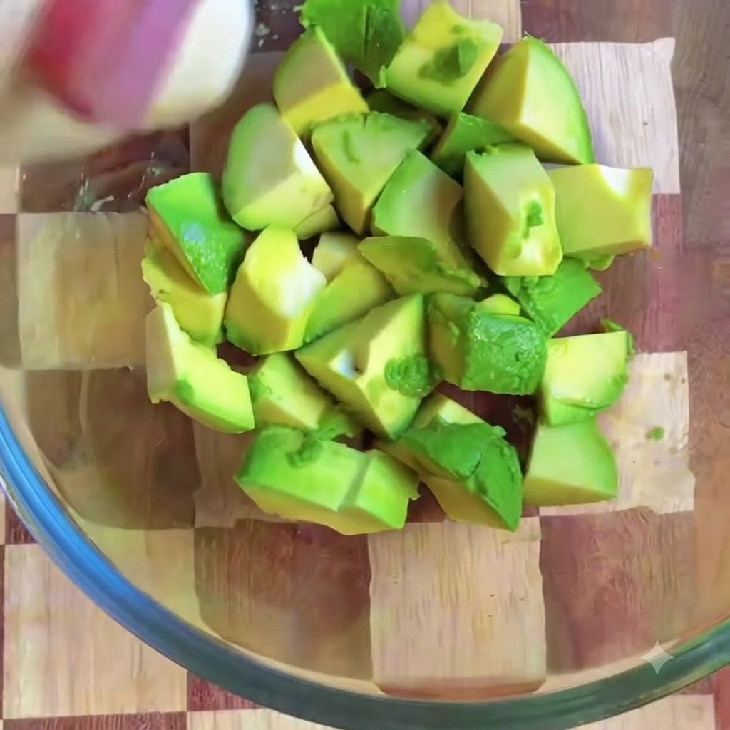 Jus de citron pressé sur les morceaux davocat coupés en dés dans un bol.