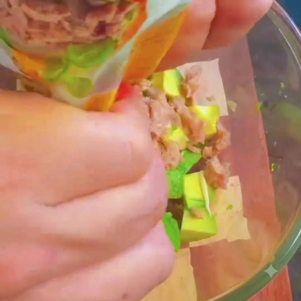 Thon en conserve, mayonnaise, miso et poivre combinés avec lavocat dans un bol en verre.