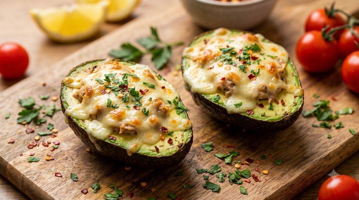 Deux moitiés davocat garnies de thon mayonnaise savoureux et surmontées dun fromage fondu doré et bouillonnant.