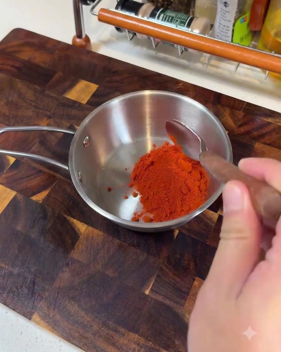 Du piment en poudre fin, du piment en poudre grossier, de la pâte de piment coréenne et des assaisonnements ajoutés dans un petit pot en métal.