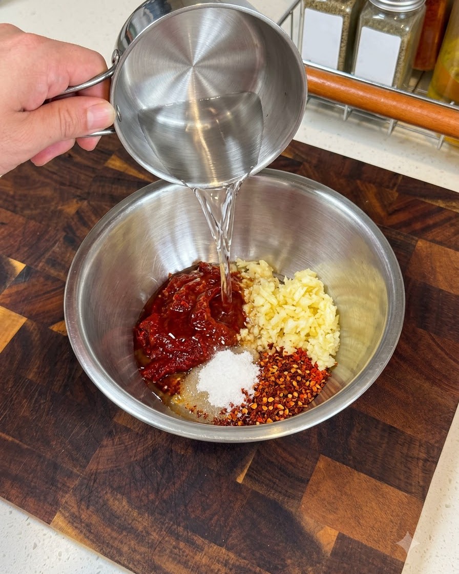 De leau versée dans un bol en métal contenant les ingrédients de la sauce, prêts à être mélangés.