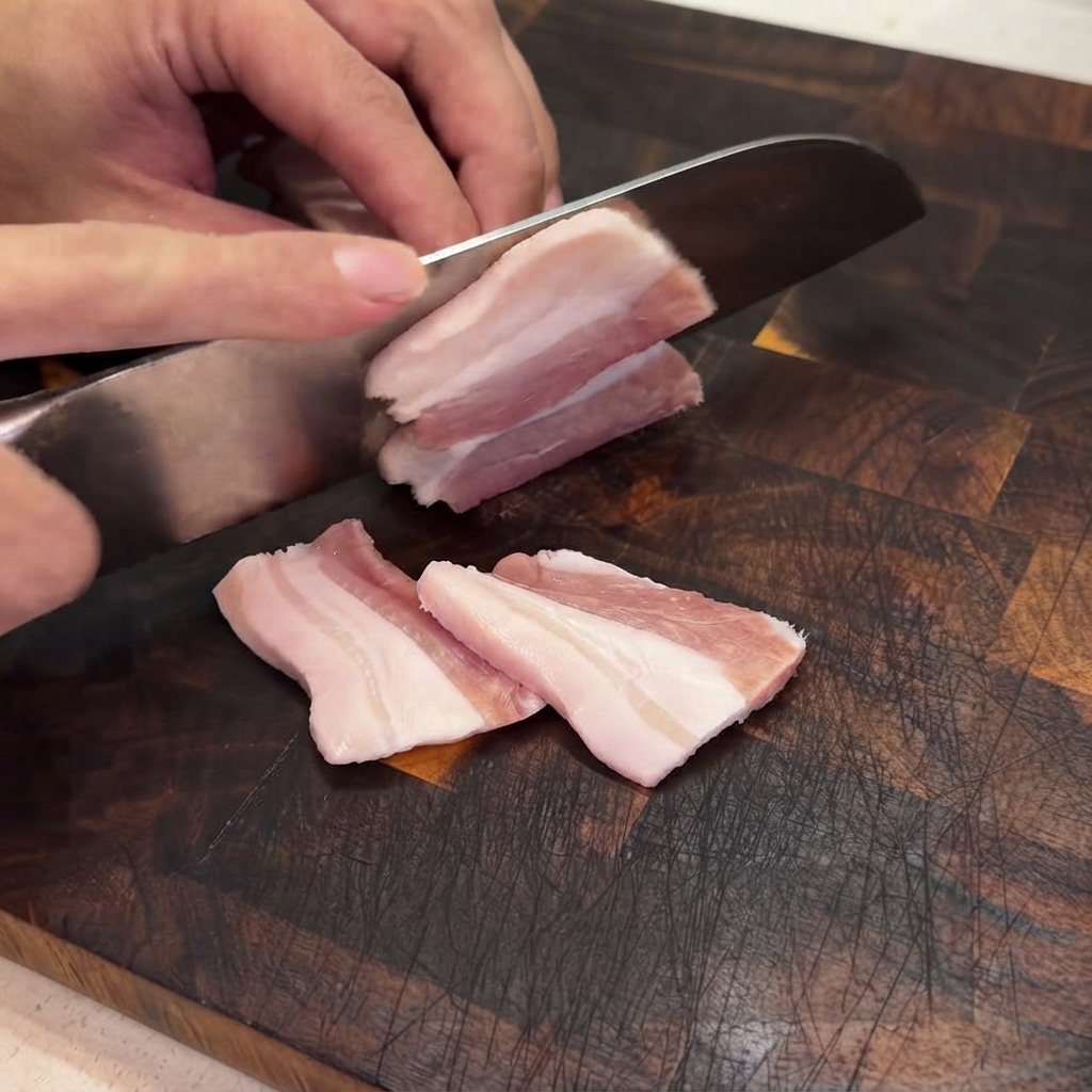 Un couteau de chef coupant de la poitrine de porc sans peau en tranches fines sur une planche à découper en bois.