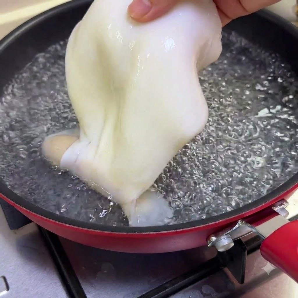 Un calmar entier plongé dans une casserole deau bouillante pendant 30 secondes.