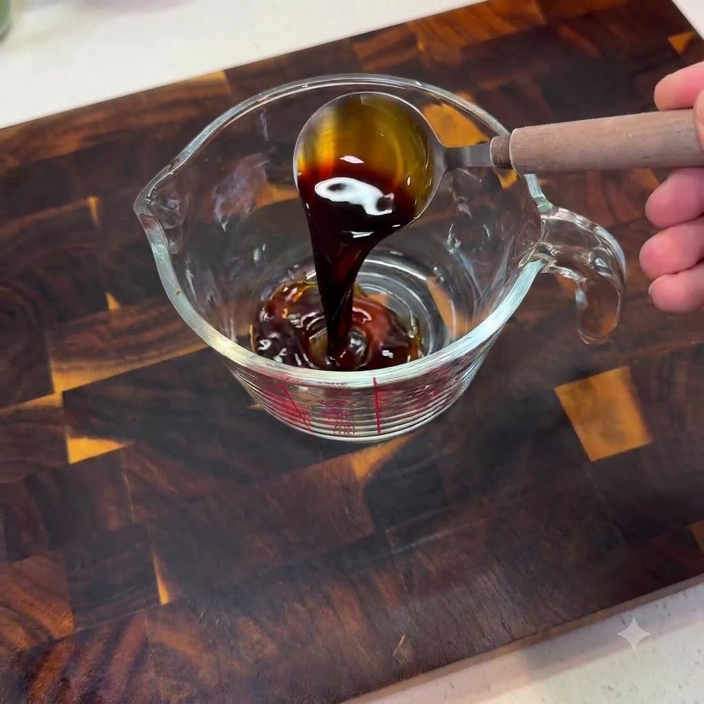 De la sauce soja claire versée dune cuillère dans une tasse à mesurer en verre sur une surface en bois.